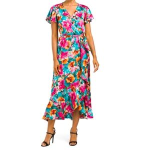 NWT Nicole Miller Satin Floral Wrap Dress Size Large